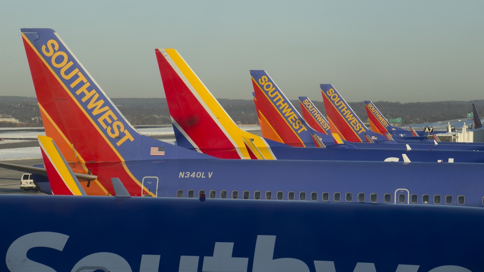 A line of Southwest airline airplanes