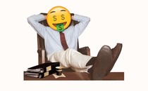 A photomontage of a man with his feet up on a desk and with a cartoon face with dollar signs.