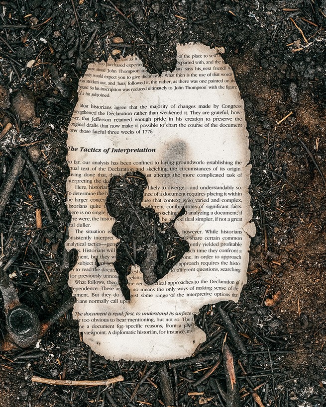 scorched fragment of page on charred ground