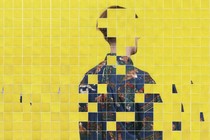 A tiled image of a person with their back turned and head obscured