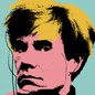 An illustration of Andy Warhol holding a camera with a copyright symbol in place of the lens