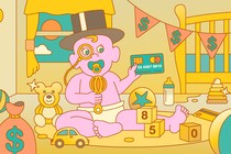 A baby dressed up as the Monopoly man and surrounded by money-themed toys