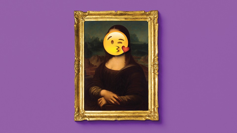 Photo illustration of face-throwing-a-kiss emoji covering the Mona Lisa's face