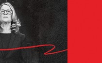 A graphic illustration featuring a black-and-white photo of Christine Blasey Ford on the left and a bright-red swatch on the right; a bright-red pen squiggle connects them.