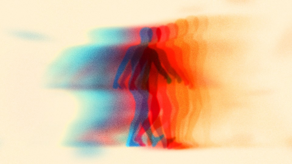 A figure in blue moves through a field with smeared blue figures following and red and orange ahead