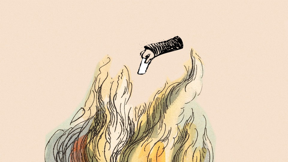 An illustration of a hand dropping a ballot into fire.