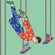 Illustration of a man suspended upside down reading a book that's on the seat of a swing