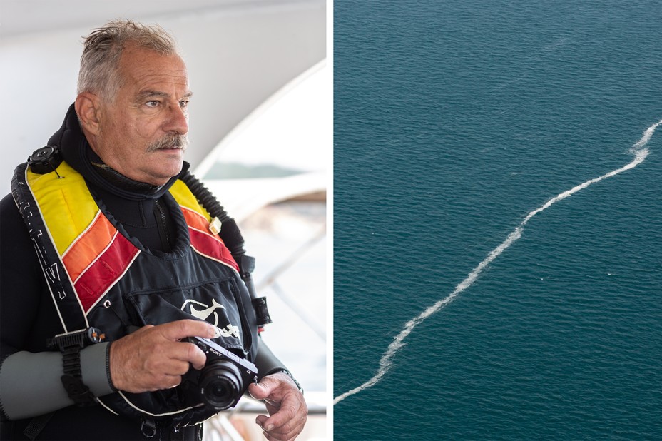 Left: Serço Ekşiyan, of the Marine Life Conservation Society preparing to dive in the sea of Marmara to photograph the status of the sea bed and coral life, and the ongoing damage of the 'sea snot'. Right: Sea snot and pollution can be seen in the Marmara Sea, which surrounds Istanbul, Turkey's largest city of more than 16 million people. (Photographs by Bradley Secker)