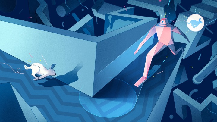 An illustration of a robot scanning a rabbit around the corner of a maze