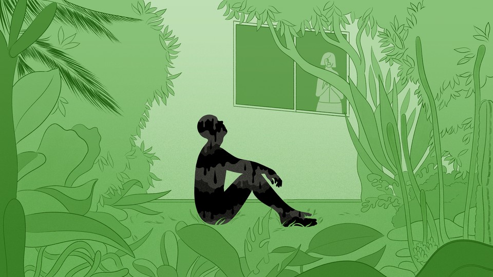An illustration of a man sitting outside a window looking sad, while his mother peers outside.