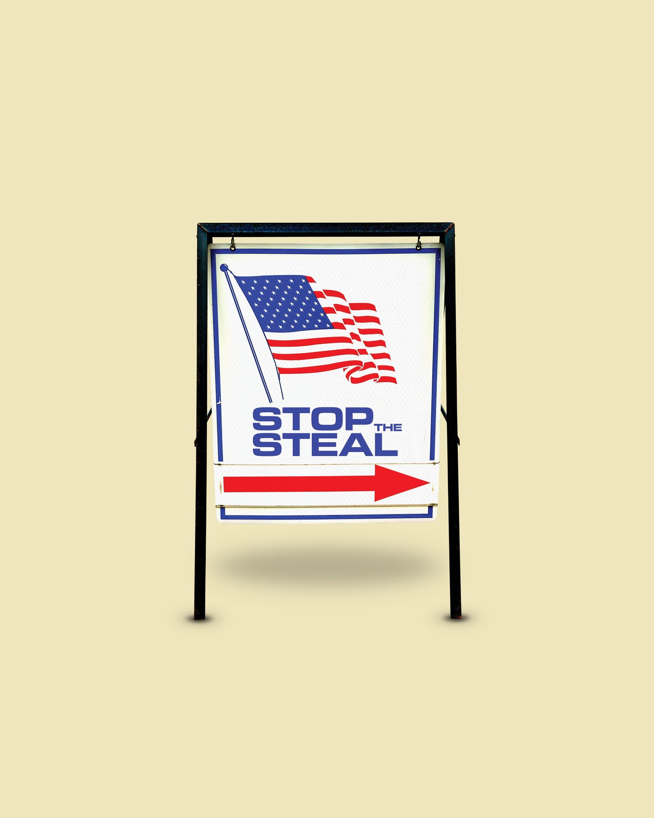 illustration of voting-location sign with the American flag, a red arrow, and "STOP THE STEAL"