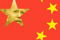 An illustration showing Biden's face appearing against the background of a Chinese flag.