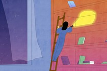 A woman on a ladder searching an almost empty bookshelf for a book