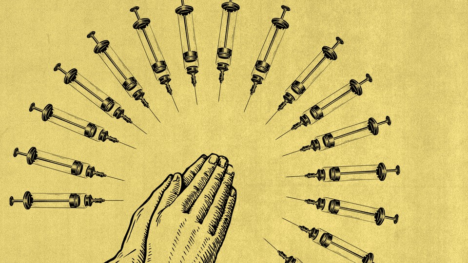 Illustration of praying hands, surrounded by syringes