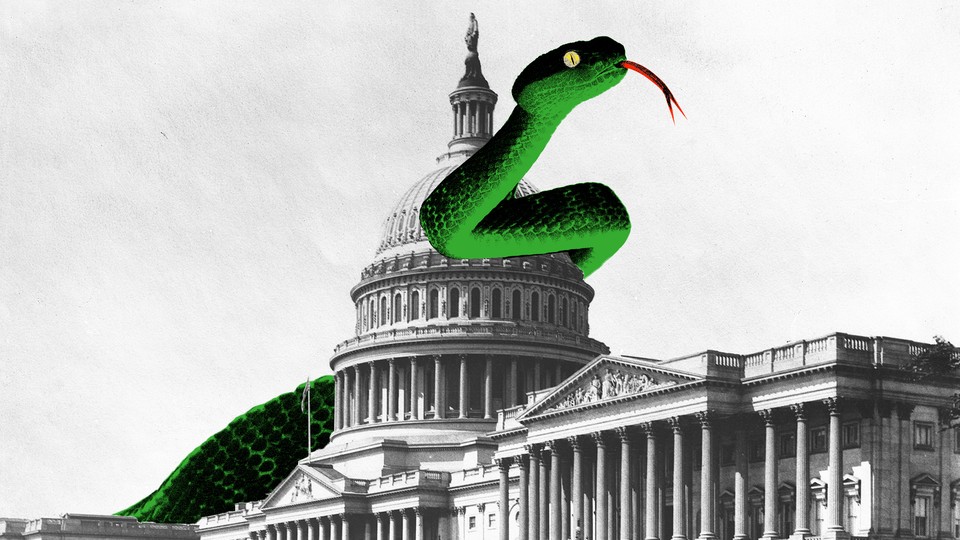 An illustration of a green snake climbing over the U.S. Capitol