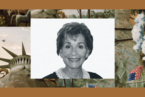Jude Judy smiles in a black-and-white photograph. The image is set into a frame featuring The Experiment’s show art.