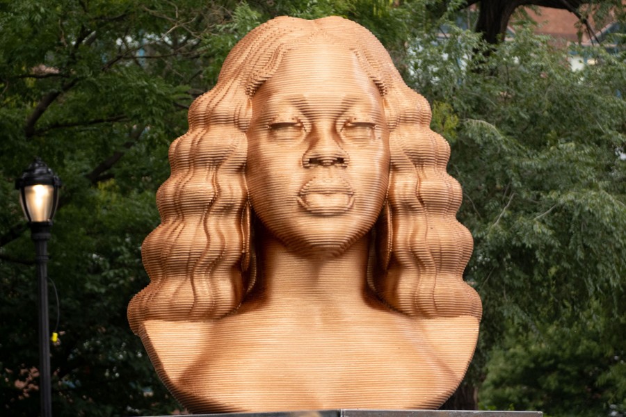 A large bust of Breonna Taylor is seen during an art exhibition.