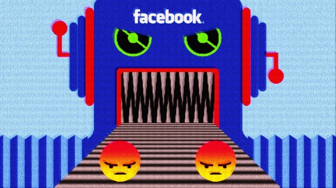 illustration of a machine eating mad emojis