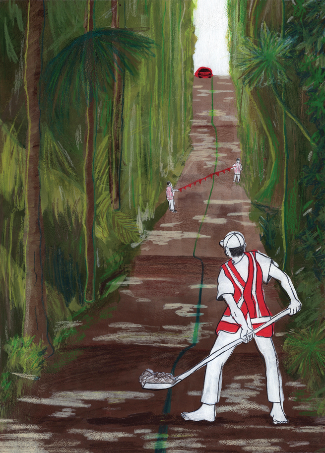 illustration of barefoot man in construction vest with shovel in middle of jungle road with two others holding rope in background and car driving toward them in distance