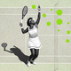 Photo collage of a tennis court, a woman holding a tennis racket in a serve position, and dozens of green dots