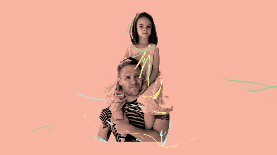 A salmon pink, stylized version of a picture of Oliver Munday and his daughter, Lilly. Lilly sits on Oliver's shoulders and looks straight at the camera. There are yellow, blue, and green squiggles around them both.