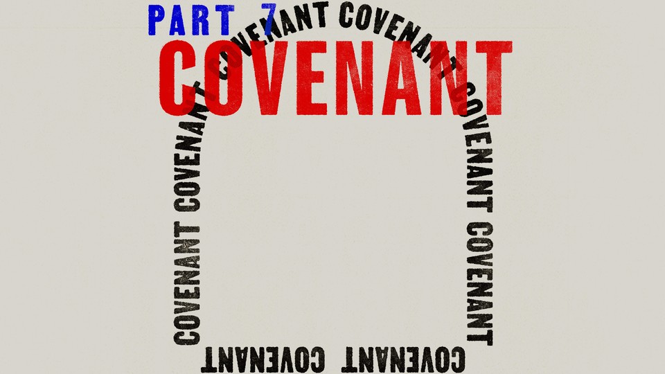 On an off-white background, the words "Part 7" are in blue; below that and larger is the word "Covenant" in red. Behind that, in black lettering, is the word "covenant" repeating in the shape of the outline of a stone tablet. The top of the arch is at the top of the page.