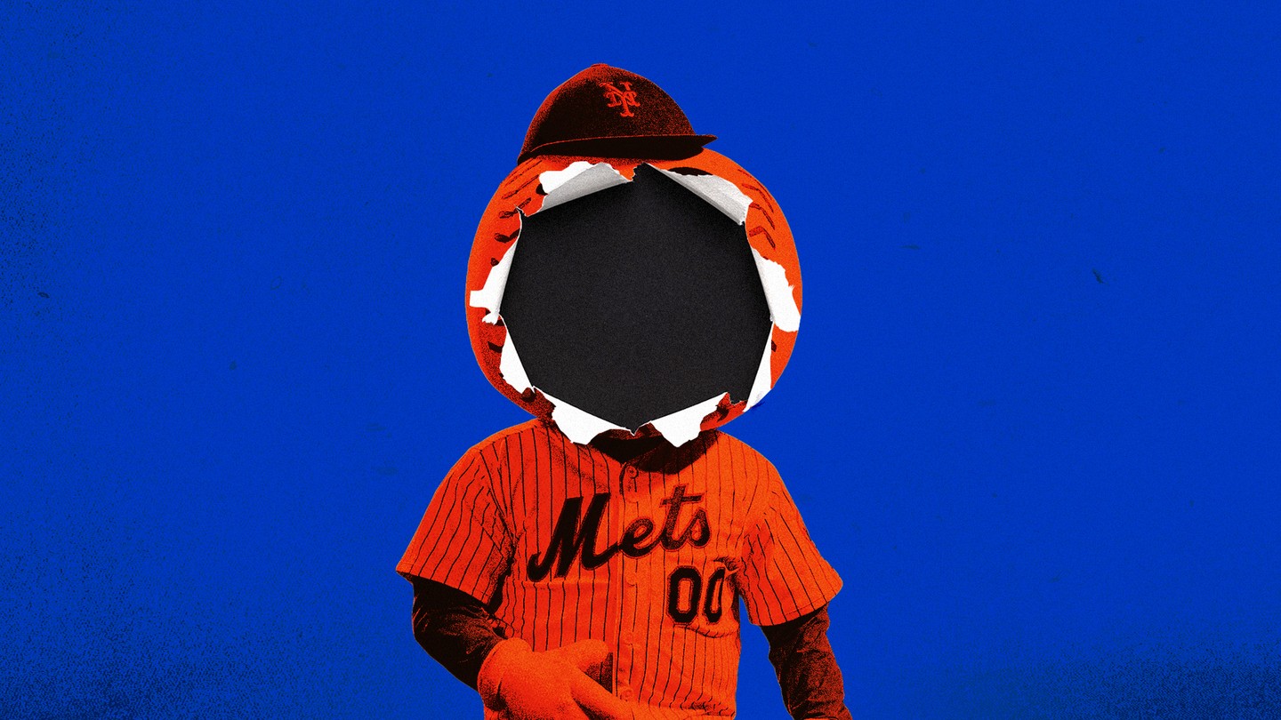 An illustration of Mr. Met with a baseball-shaped hole through his face