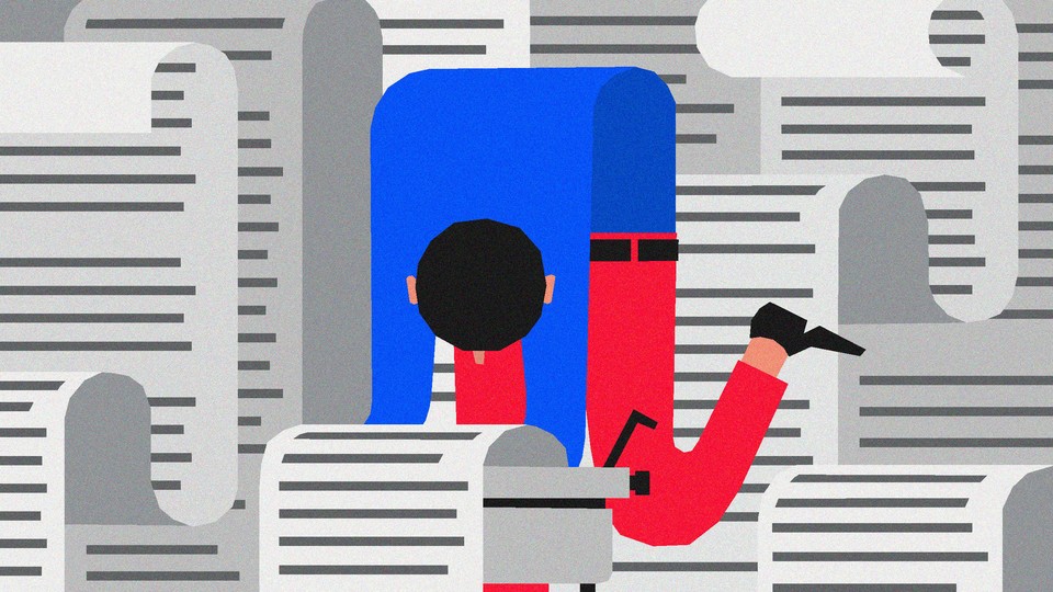 An illustration of a man at a typewriter whose body looks like it's becoming part of the long spool of pages coming from the typewriter