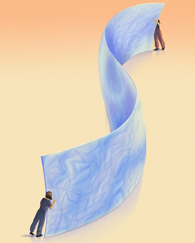 illustration of two people at opposite ends of long 'S'-shaped multicolored sheet trying to see each other