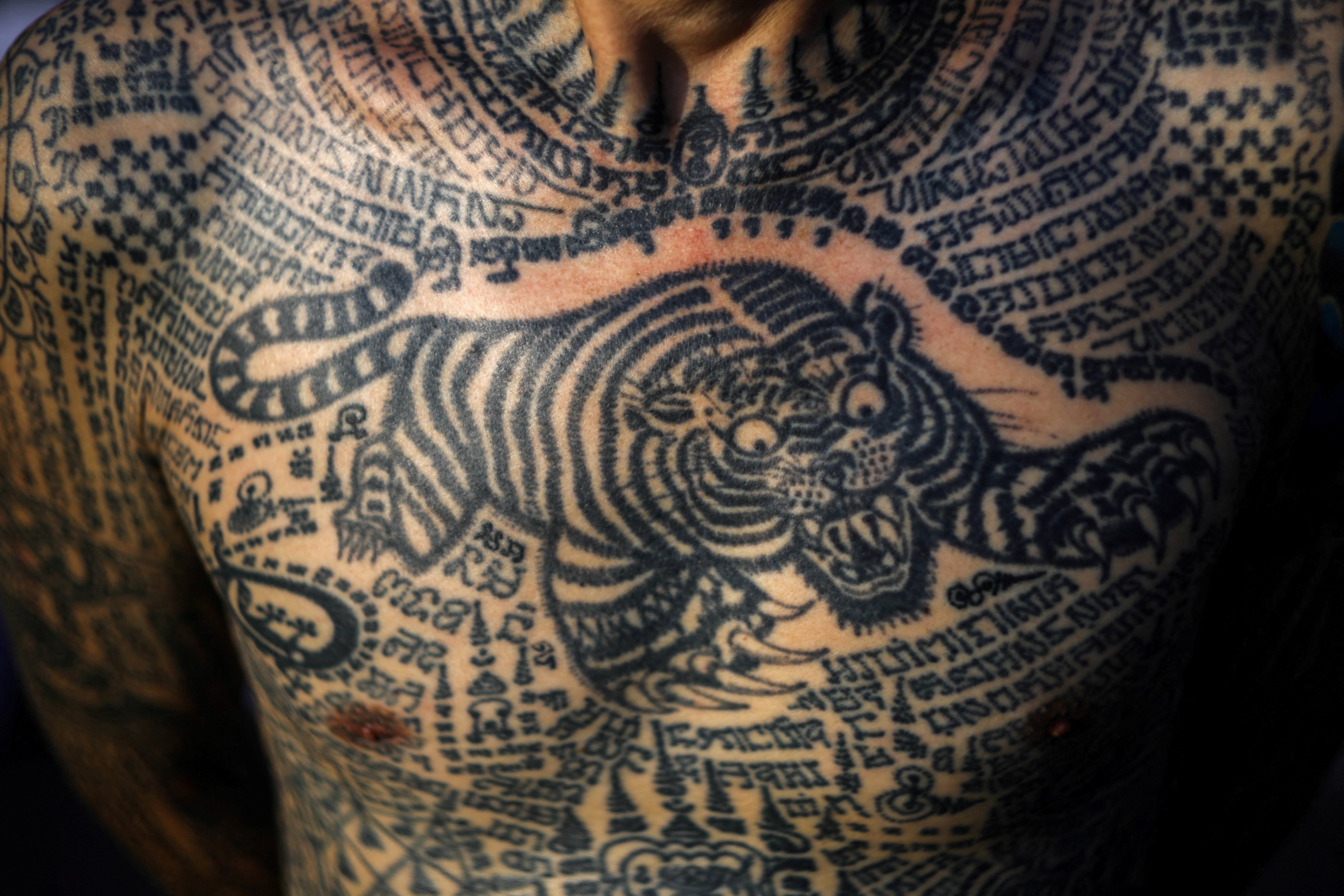 A close photo of a person's chest covered in many detailed tattoos, most prominently a stylized tiger.