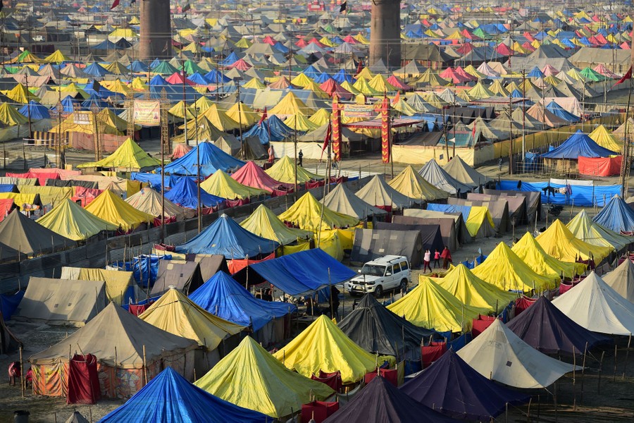 Hundreds of tents stand together in rows.