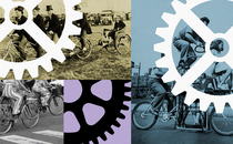 three photos of people riding bicycles with drawings of gears overlaying them