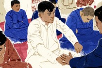 illustration of man seated on ground, surrounded by other seated players, wearing white and holding out both arms, fists turned down, as another player puts his hand on top of one fist