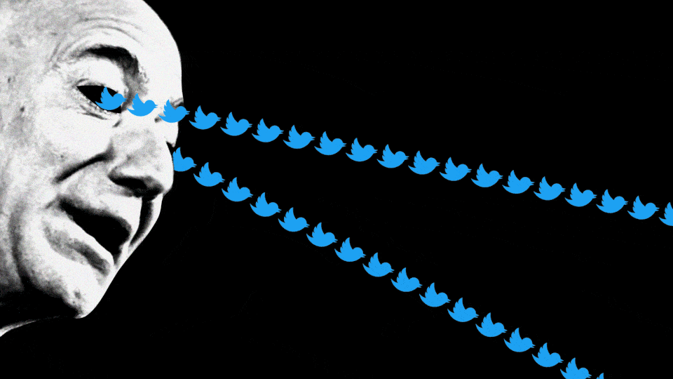 Jeff Bezos's face with streams of Twitter's bird logos shooting out of his eyes