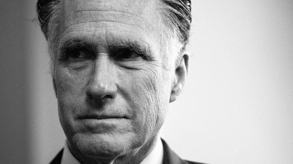 Black-and-white close-up shot of Mitt Romney