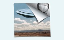 An illustration of a saucerlike UFO with a page behind it being pulled back to reveal a weather balloon