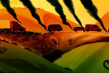 Cars drive over a highway-sized anteater snout