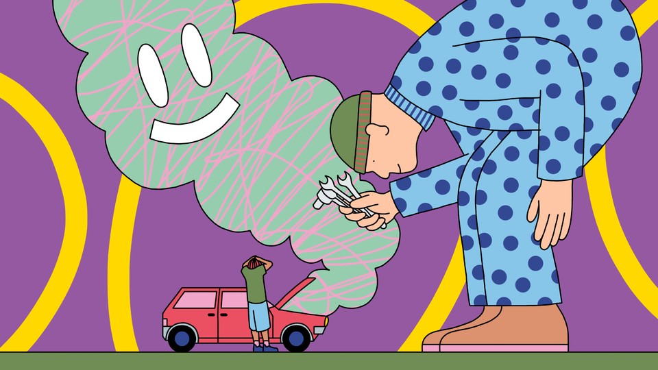 A jolly giant offering to help fix a person's broken-down car, from which a smiling plume of smoke billows