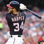 The Washington Nationals right fielder Bryce Harper hits a lead-off home run