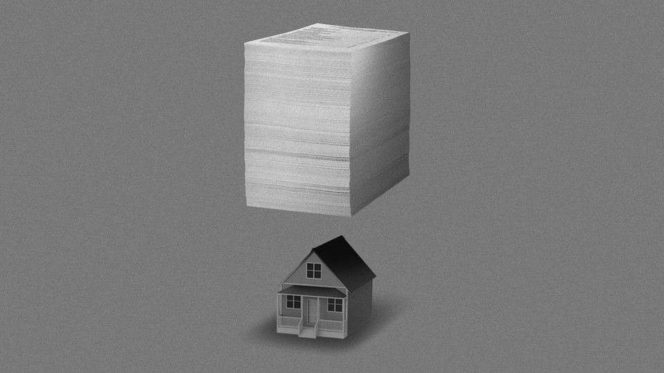 Illustration of a simple house with a thick stack of paperwork hovering over it