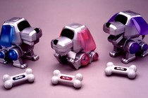 A photograph of three Poo-Chi devices and their little dog bones