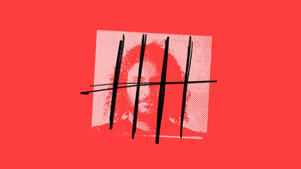 black bars drawn over a photograph Egyptian writer Alaa Abd el-Fattah against a red background