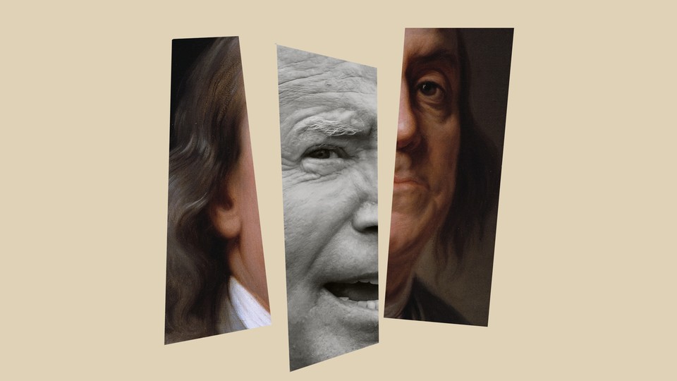 Illustration where portraits of Benjamin Franklin and Joe Biden are spliced together
