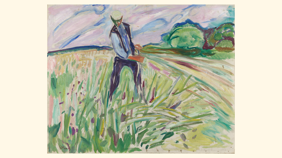 painting by Edvard Munch of man in colorful field with scythe, with horizon of clouds and trees in background