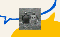 The outline of a blue speech bubble fills the top half of the screen. A yellow, filled-in speech bubble is on the bottom of the screen. In the middle is a black-and-white photo of two middle aged men of medium build who are sitting beside each other in a bit grassy field with their backs to the camera, looking out towards more field.
