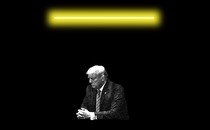 A photo-illustration of Donald Trump surrounded by darkness, with a glowing bar of yellow light above him