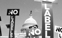 Signs that say "No Labels" in front to the Capitol building