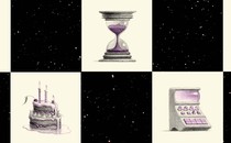 a checkerboard of starry night sky and various items: an hourglass, a melting birthday cake, a ticking clock, a comet, a space calculator