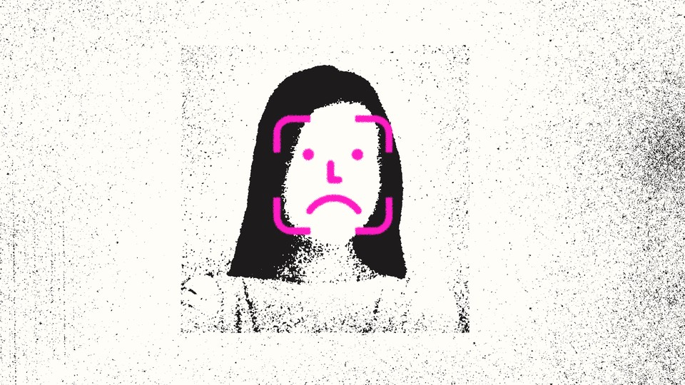 Illustration of a facial-recognition scan with a sad face