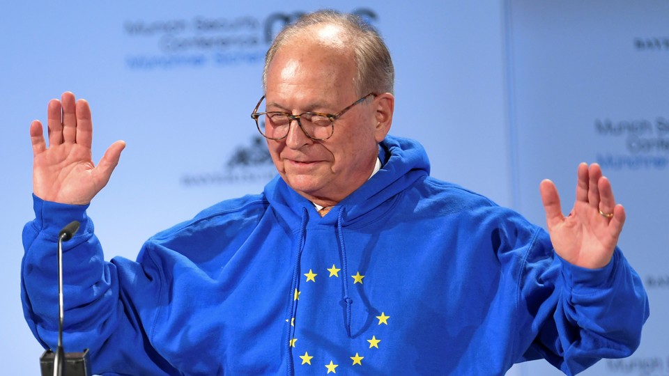 Wolfgang Ischinger wears a hoodie with the EU flag at the Munich Security Conference on February 15, 2019.